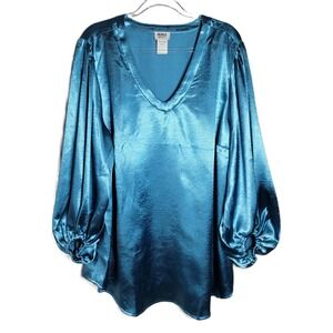 Monroe & Main Womens 2X Teal Blue Satin V-Neck Bishop Sleeve Tunic Blouse Top